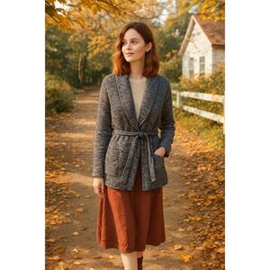 J. Jill Petite M Navy Marled Cotton Blend Belted Shawl Cardigan Sweater Grandma